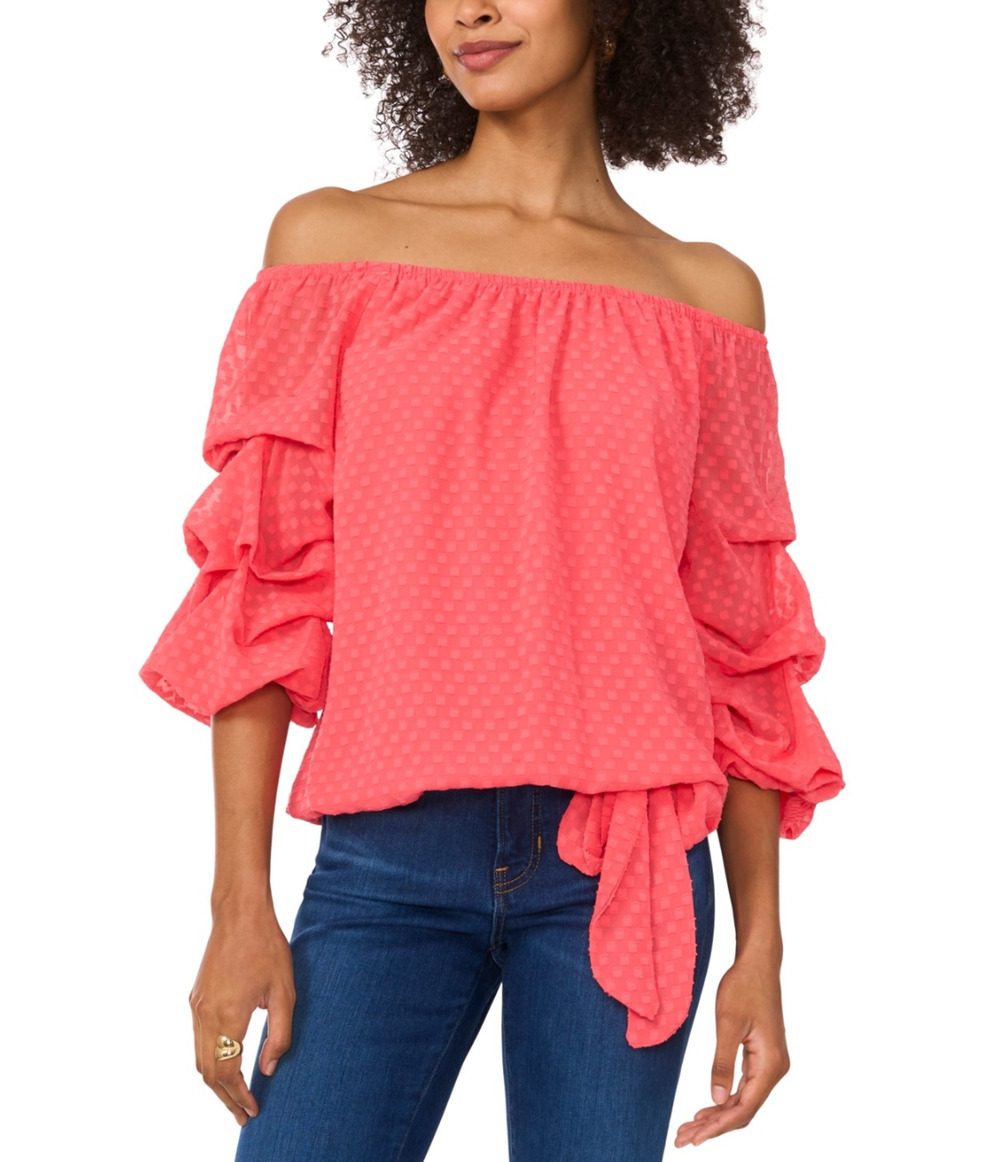 Vince Camuto Women Textured Off The Shoulder Tie Front Blouse Coral Size XL